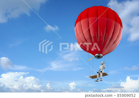 Robot on hot air balloon with swing fly in cloudy sky 85809052