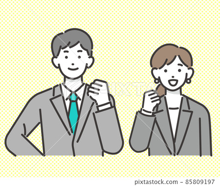 Vector illustration material / business / bi where an office worker working in a suit takes a guts pose and operates a tablet Vector illustration material / business / bi where an office worker working in a suit takes a guts pose and operates a tablet 85809197