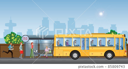Passengers at the bus stop on city view. Passengers at the bus stop on city view. 85809743