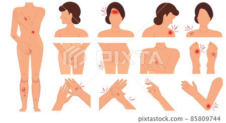 Pain in the body women parts physical injury flat set caused by illness or injury isolated on white background. Pain in the body women parts physical injury flat set caused by illness or injury isolated on white background. 85809744