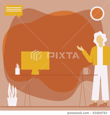 Woman Standing Office Desk Using Laptop With Speech Bubble Beside Plant Vase. Lady Design Uses Portable Computer Placed On Top Of Table Beside A Potted Container. Woman Standing Office Desk Using Laptop With Speech Bubble Beside Plant Vase. Lady Design Uses Portable Computer Placed On Top Of Table Beside A Potted Container. 85809783