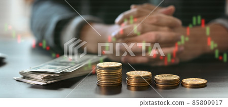 Businessman with virtual screen of stock market changes. Business growth, planing and strategy concept. 85809917