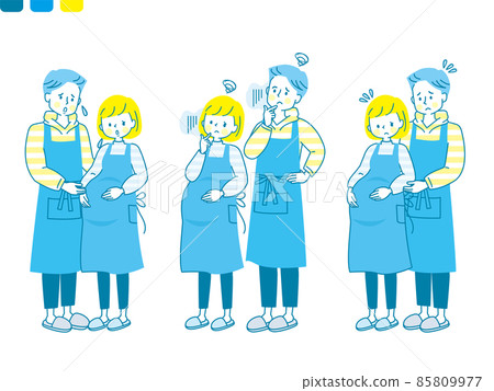 Facial expression set of anxious pregnant woman and her husband snuggling up 85809977