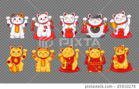 Japanese Maneki Neko cats are golden and white. Symbol of luck and wealth. Vector illustration on a transparent background. 85810278