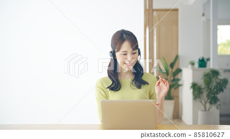 Female web conference talking on video call Remote work 85810627