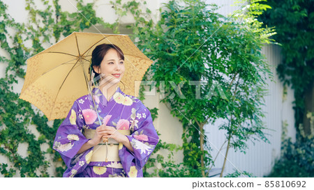 A woman in a yukata with a parasol A woman in a yukata with a parasol 85810692