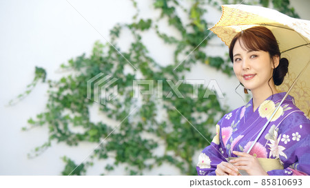 A woman in a yukata with a parasol A woman in a yukata with a parasol 85810693