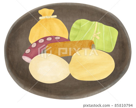 各種關東煮食材的手繪插圖 85810794