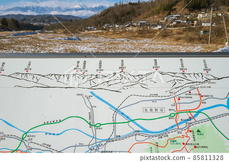 Information board and scenery of Shiga district in Matsumoto city and the Northern Alps [winter] 85811328