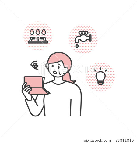 Illustration material that a young woman is thinking about utility bills 85811819