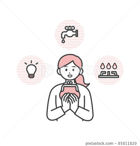Illustration material that a young woman is thinking about utility bills 85811820