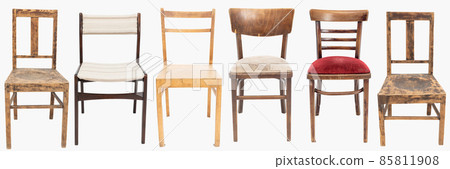 Set of various wooden chairs from late 70's and early 80's from the previous century. Polish design and production. Front view Set of various wooden chairs from late 70's and early 80's from the previous century. Polish design and production. Front view 85811908