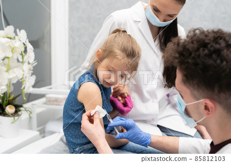 The doctor is getting ready to vaccinate a little girl. A young nurse sits next to the child to make the child feel safe. Preventive vaccine for young children. 85812103