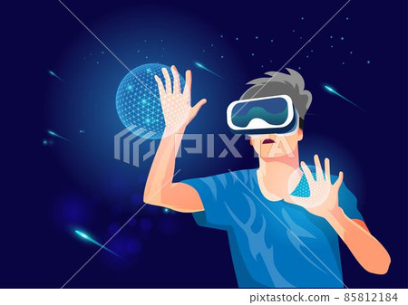 Young man wearing VR glasses with holographic touch finger Virtual panel in digital working background. flat style cartoon vector illustration 85812184
