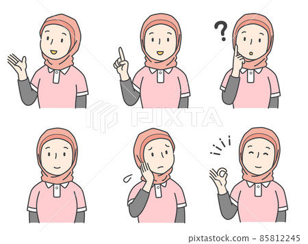 A pose set in which a hijab woman is wearing a polo shirt A pose set in which a hijab woman is wearing a polo shirt 85812245