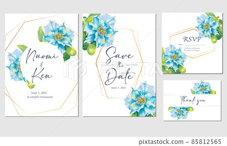 Wedding invitation template blue poppy hand drawn watercolor 85812565