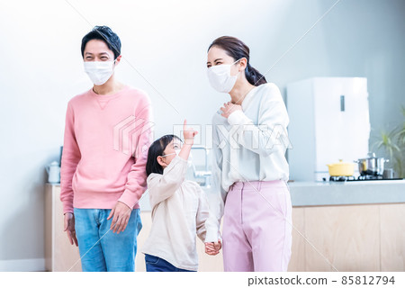 Family wearing a mask and preparing to go out Family wearing a mask and preparing to go out 85812794