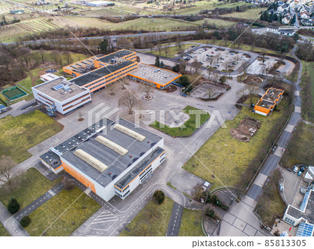 Mittelrhein Gymnasium Muehlheim Kaerlich School federal aerial panoramic view near koblenz city in Germany Mittelrhein Gymnasium Muehlheim Kaerlich School federal aerial panoramic view near koblenz city in Germany 85813305