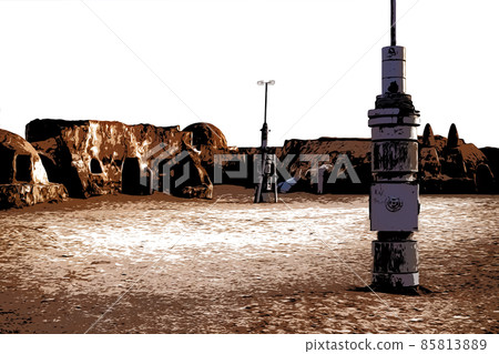 Illustration. Tunisia. Abandoned scenery of the planet Tatooine for the filming of Star Wars in the Sahara Desert Illustration. Tunisia. Abandoned scenery of the planet Tatooine for the filming of Star Wars in the Sahara Desert 85813889