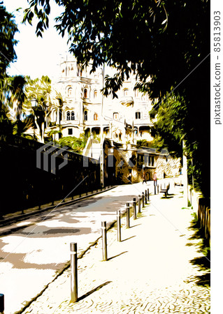 Illustration. The landmark of Portugal is the mysterious Quinta da Regaleira Palace in Sintra. Illustration. The landmark of Portugal is the mysterious Quinta da Regaleira Palace in Sintra. 85813903