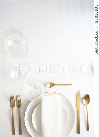 Tableware background in white gold tone. Tableware background in white gold tone. 85813939