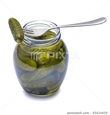 Can of Tasty green cornichons isolated on a white background Can of Tasty green cornichons isolated on a white background 85814459