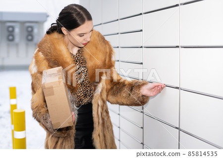 A rich woman cannot open a parcel locker box. Receive and send parcels automatically in winter. A rich woman cannot open a parcel locker box. Receive and send parcels automatically in winter. 85814535