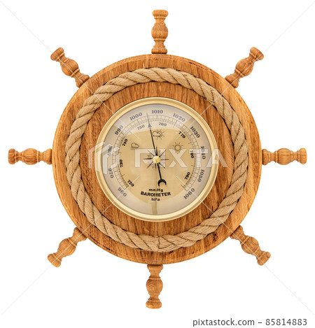 Vintage wooden wall clock with barometer on a white background Vintage wooden wall clock with barometer on a white background 85814883