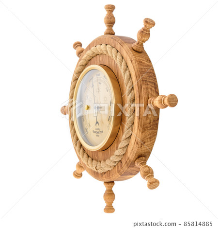 Vintage wooden wall clock with barometer on a white background Vintage wooden wall clock with barometer on a white background 85814885