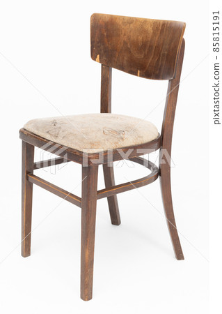Wooden chair from turn of 70's and 80's from previous century with soft seat. Polish design and production. Front view Wooden chair from turn of 70's and 80's from previous century with soft seat. Polish design and production. Front view 85815191