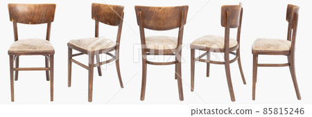 Set of wooden chairs from turn of 70's and 80's from previous century with soft seat. Polish design and production. View from each side 85815246
