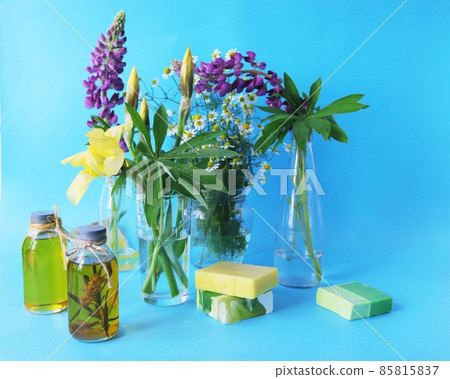 Bouquets of fresh flowers of purple lupine, yellow irises and chamomile in transparent glass vases with water, natural soap and aromatic oils on a bright turquoise blue background Bouquets of fresh flowers of purple lupine, yellow irises and chamomile in transparent glass vases with water, natural soap and aromatic oils on a bright turquoise blue background 85815837