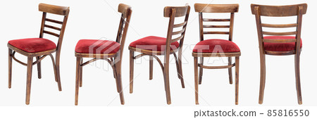 Set of wooden chairs from turn of 70's and 80's from previous century with soft red seat. Polish design and production. View from each side Set of wooden chairs from turn of 70's and 80's from previous century with soft red seat. Polish design and production. View from each side 85816550