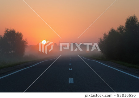 Empty Road Leading to Golden Sunrise on Foggy Morning 85816650