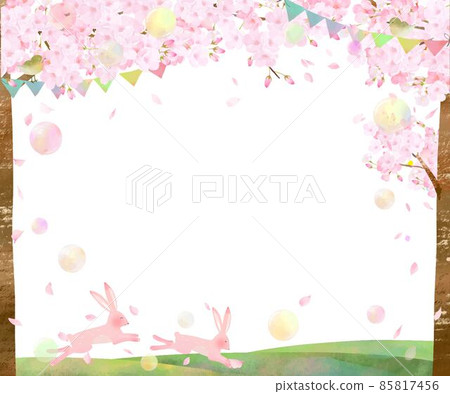 櫻花樹下，嬉戲的兔子和柔和的肥皂泡的父母和孩子在斯堪的納維亞時尚的白色背框中翩翩起舞 85817456