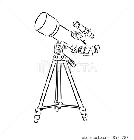 Astronomer Equipment Telescope Monochrome Vector. Standing Telescope For Explore And Observe Galaxy And Cosmos. Discovery Optical Device Designed In Retro Style Black And White Illustration 85817871
