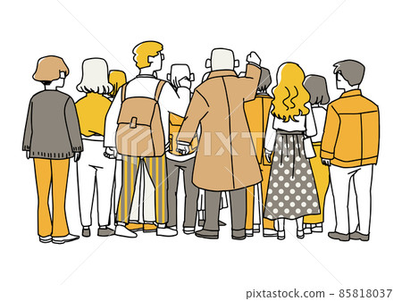 從後面看到的人群，人們觀察直立、溫暖的手繪肖像插圖，白色背景上的矢量 85818037
