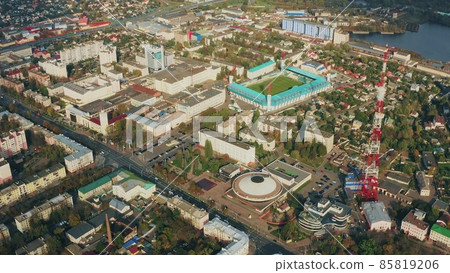 Gomel, Belarus. Aerial View Of Bird's-eye View, Flight Above Homiel. Stadium, Circus, Sovetskaya Street, Residential Districts, Downtowns, River Sozh. Traffic On Streets 4K Gomel, Belarus. Aerial View Of Bird's-eye View, Flight Above Homiel. Stadium, Circus, Sovetskaya Street, Residential Districts, Downtowns, River Sozh. Traffic On Streets 4K 85819206