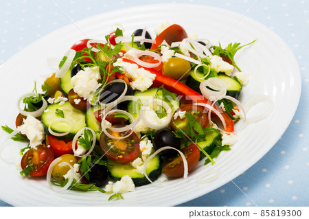 Salad with tomato, brynza cheese, onion and cucumber, sopska salata 85819300