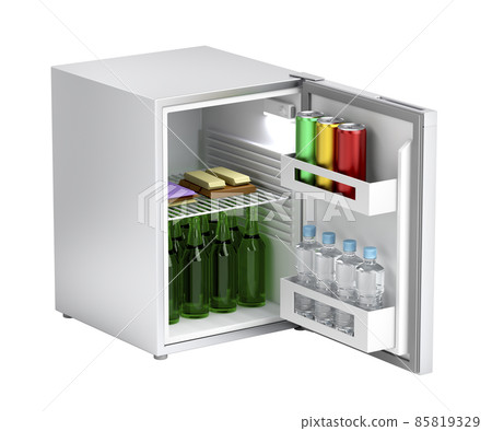 Minibar refrigerator with drinks and snacks 85819329