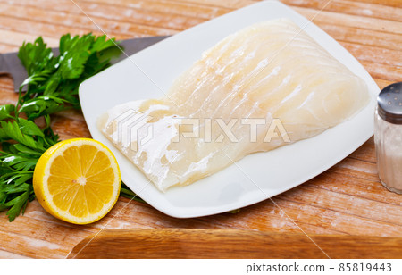 Raw pink cusk-eel fish fillet, seafood ingredients 85819443