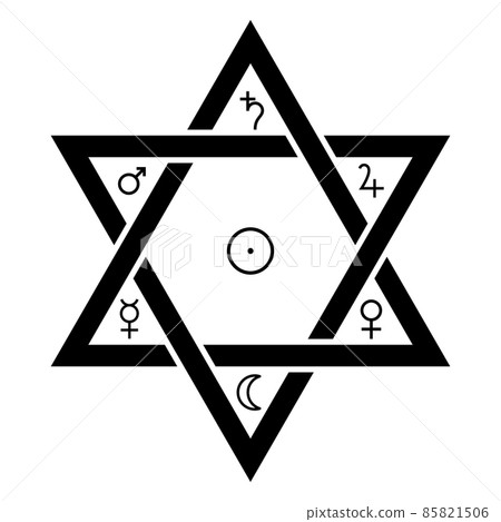 The classical astrological planet symbols in the Seal of Solomon. Hexagram shaped symbol, Attributed to King Solomon, from which it developed in Islamic and Jewish mysticism, and in Western occultism. 85821506