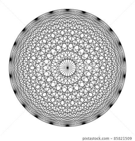 Circle with twenty-two points, all connected with lines, showing a mandala like symmetry. Sacred Geometry according to the 231 doorways of Guillaume Postel, from the 16th century. Illustration. Vector 85821509