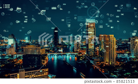 Business data analytic interface fly over smart city showing alteration future 85821513