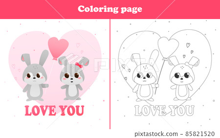 Printable worksheet with coloring page for valentine day with cute bunny characters giving present, heart shape ballons 85821520