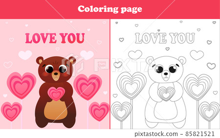 Printable worksheet with coloring page for valentine day with cute bear character holding heart candy and candy trees 85821521