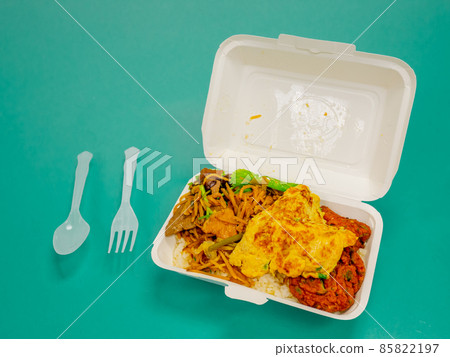 Thai food, stir fried crispy pork basil in box. Thai food, stir fried crispy pork basil in box. 85822197
