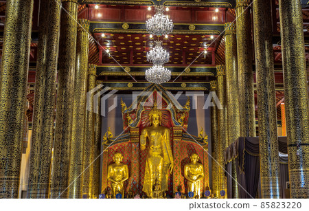 The golden buddha image inside the Buddhist church at the famous Wat Chedi Luang Varavihara. The golden buddha image inside the Buddhist church at the famous Wat Chedi Luang Varavihara. 85823220