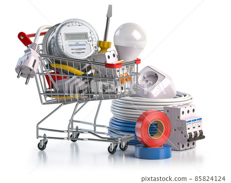 Shopping cart full of electrical components and equipment isolated on white. Shopping cart full of electrical components and equipment isolated on white. 85824124