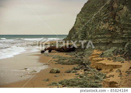 Byala town beach with white rocks on a cloudy day, Bulgaria Byala town beach with white rocks on a cloudy day, Bulgaria 85824184